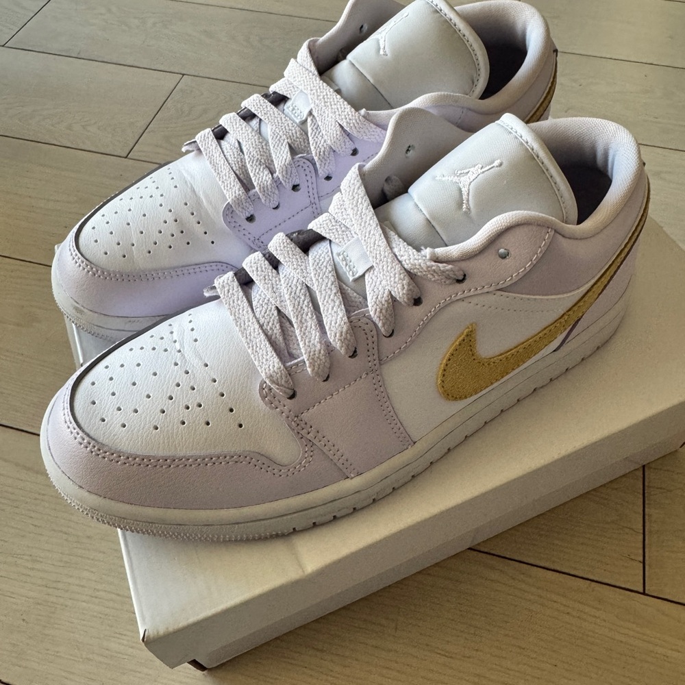 White Lilac and Gold Jordan Sneakers
